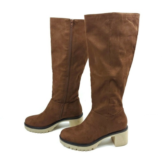 Mi.im Miim Boots 8.5 Vegan Faux Suede Chestnut Brown Chunky Heel Knee High - Picture 1 of 9